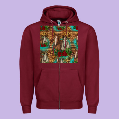 Horses With Roses Seamless Pattern Zipper Hoodie Designed By Hra Design Shop