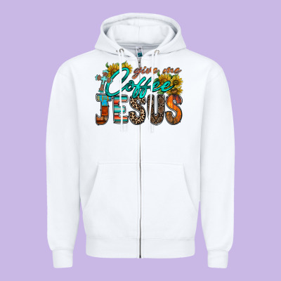 Give Me Coffee Jesus Zipper Hoodie Designed By Racoondesign