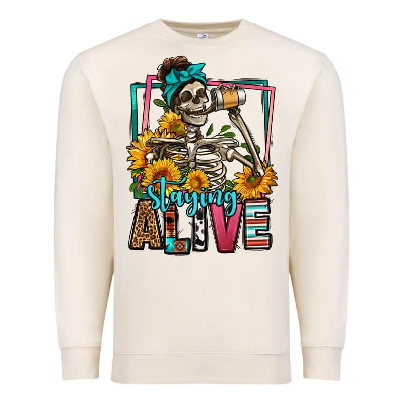 Staying Alive Coffee Drinking Skeleton Premium Sweatshirt by Jasminsmagicworld | Teevron