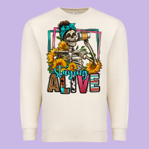 Staying Alive Coffee Drinking Skeleton Premium Sweatshirt Designed By Jasminsmagicworld