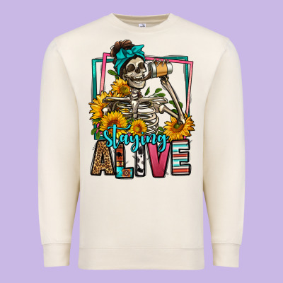 Staying Alive Coffee Drinking Skeleton Premium Sweatshirt Designed By Jasminsmagicworld