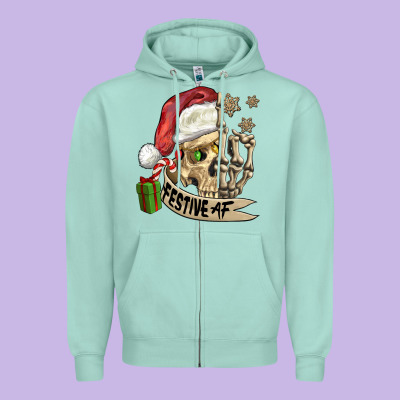 Festive Af Christmas Skull Zipper Hoodie Designed By Fadigitalartstudio
