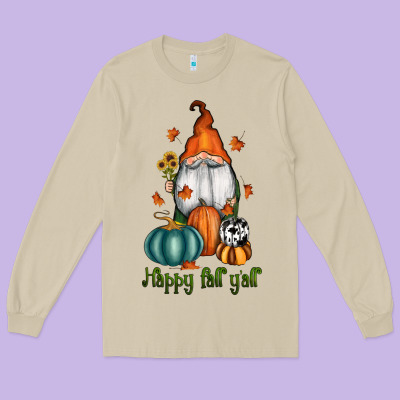 Happy Fall Y'all Gnome Long Sleeve Tee Designed By Ranaportraitstore