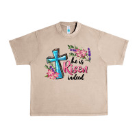 French Oak He Is Risen Indeed Cross And Flowers Urban Heavy Tee - RanaPortraitStore