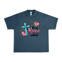 Midnight Navy He Is Risen Indeed Cross And Flowers Urban Heavy Tee - RanaPortraitStore