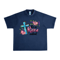Navy He Is Risen Indeed Cross And Flowers Urban Heavy Tee - RanaPortraitStore