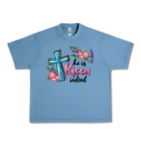 Pebble Blue He Is Risen Indeed Cross And Flowers Urban Heavy Tee - RanaPortraitStore