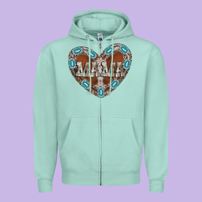 Mama Heart Cowhide Zipper Hoodie Designed By Cowhidedigitalart