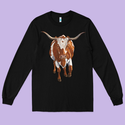 Longhorn Cow Long Sleeve Tee Designed By Ranaportraitstore