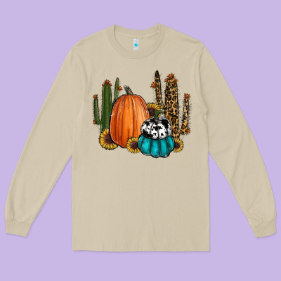 Sunflower Cactus Pumpkin Fall Long Sleeve Tee Designed By Ranaportraitstore