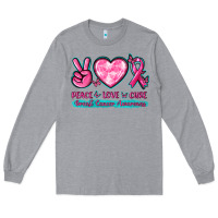 Heather Grey Peace Love Cure Breast Cancer Awareness Long Sleeve Tee - texasbilliewilder