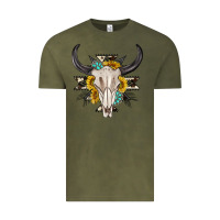 Vintage Olive cow aztec western bull skull Vintage Tee - texasbilliewilder
