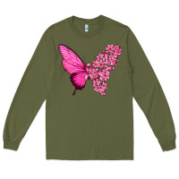 Army Green Pink Flowers and Breast Cancer Ribbon Butterfly Long Sleeve Tee - texasbilliewilder