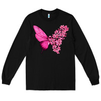 Black Pink Flowers and Breast Cancer Ribbon Butterfly Long Sleeve Tee - texasbilliewilder