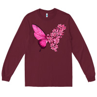 Burgundy Pink Flowers and Breast Cancer Ribbon Butterfly Long Sleeve Tee - texasbilliewilder