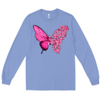 Colony Blue Pink Flowers and Breast Cancer Ribbon Butterfly Long Sleeve Tee - texasbilliewilder