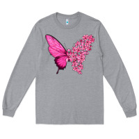 Heather Grey Pink Flowers and Breast Cancer Ribbon Butterfly Long Sleeve Tee - texasbilliewilder