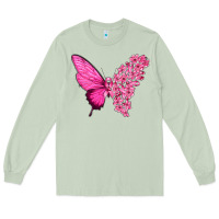 Matcha Pink Flowers and Breast Cancer Ribbon Butterfly Long Sleeve Tee - texasbilliewilder