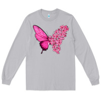 Moon Dust Pink Flowers and Breast Cancer Ribbon Butterfly Long Sleeve Tee - texasbilliewilder