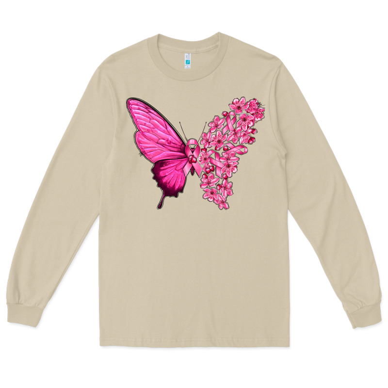 Pink Flowers And Breast Cancer Ribbon Butterfly Long Sleeve Tee by texasbilliewilder | Teevron