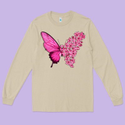 Pink Flowers And Breast Cancer Ribbon Butterfly Long Sleeve Tee Designed By Texasbilliewilder