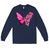 Navy Pink Flowers and Breast Cancer Ribbon Butterfly Long Sleeve Tee - texasbilliewilder