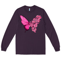 Plum Pink Flowers and Breast Cancer Ribbon Butterfly Long Sleeve Tee - texasbilliewilder