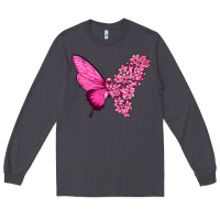 Smoke Pink Flowers and Breast Cancer Ribbon Butterfly Long Sleeve Tee - texasbilliewilder