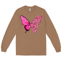 Toasted Coconut Pink Flowers and Breast Cancer Ribbon Butterfly Long Sleeve Tee - texasbilliewilder