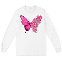 White Pink Flowers and Breast Cancer Ribbon Butterfly Long Sleeve Tee - texasbilliewilder