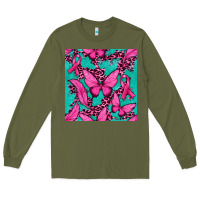 Army Green Pink Butterfly with Ribbon Cancer Long Sleeve Tee - texasbilliewilder