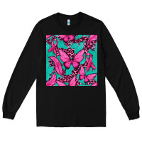 Black Pink Butterfly with Ribbon Cancer Long Sleeve Tee - texasbilliewilder