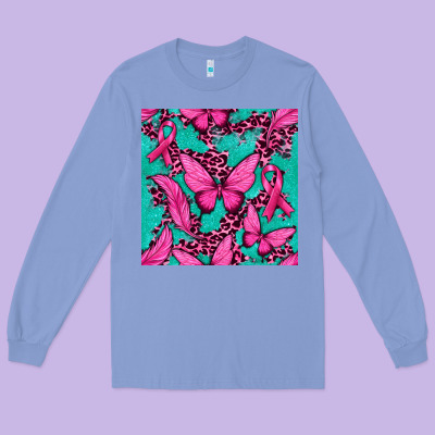 Pink Butterfly With Ribbon Cancer Long Sleeve Tee Designed By Texasbilliewilder