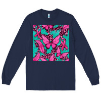 Navy Pink Butterfly with Ribbon Cancer Long Sleeve Tee - texasbilliewilder
