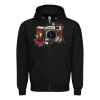 Black floral feather vintage camera Zipper Hoodie - FaDigitalArtStudio