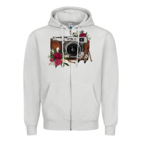 Dove Grey floral feather vintage camera Zipper Hoodie - FaDigitalArtStudio