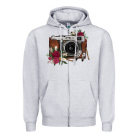 Heather Grey floral feather vintage camera Zipper Hoodie - FaDigitalArtStudio