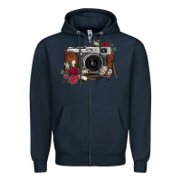 Navy floral feather vintage camera Zipper Hoodie - FaDigitalArtStudio