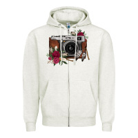 Oatmeal Heather floral feather vintage camera Zipper Hoodie - FaDigitalArtStudio