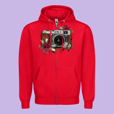 Floral Feather Vintage Camera Zipper Hoodie Designed By Fadigitalartstudio