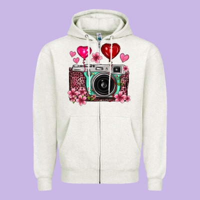 Floral Heart Pink Leopard Vintage Camera Zipper Hoodie Designed By Fadigitalartstudio