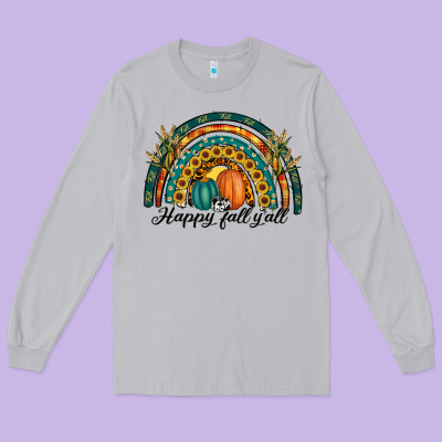 Happy Fall Y'all Rainbow Long Sleeve Tee Designed By Ranaportraitstore