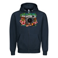 Navy floral lotus leaf film roll vintage camera Zipper Hoodie - FaDigitalArtStudio