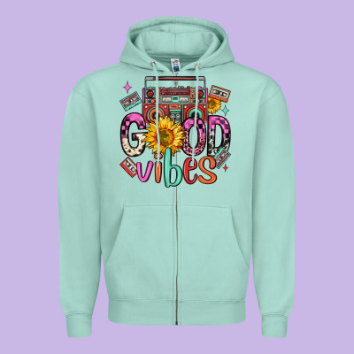 Good Vibes Cassette Boombox Zipper Hoodie Designed By Fadigitalartstudio
