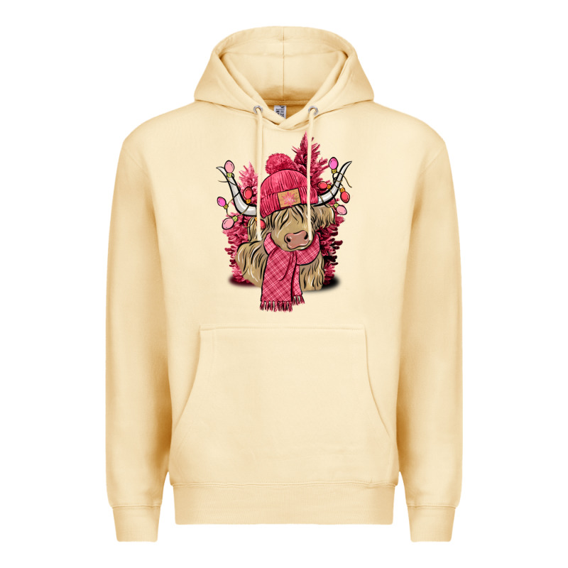 Pink Winter Long Haired Cow Premium Hoodie by NancyCooperArtShop | Teevron