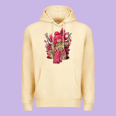 Pink Winter Long Haired Cow Premium Hoodie Designed By Nancycooperartshop