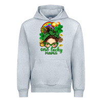 Heather Grey St. Patrick Messy Bun One Luck Mama With Clover Urban Hoodie - BundleAndBundleShop