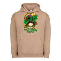 Pigment Burro St. Patrick Messy Bun One Luck Mama With Clover Urban Hoodie - BundleAndBundleShop