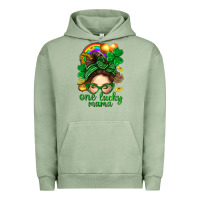 Pigment Oil Green St. Patrick Messy Bun One Luck Mama With Clover Urban Hoodie - BundleAndBundleShop