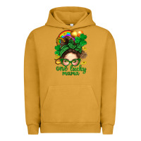 Pigment Peanut Butter St. Patrick Messy Bun One Luck Mama With Clover Urban Hoodie - BundleAndBundleShop